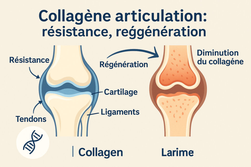 Illustration du rôle structurel du collagène dans le cartilage et les ligaments d'une articulation saine.