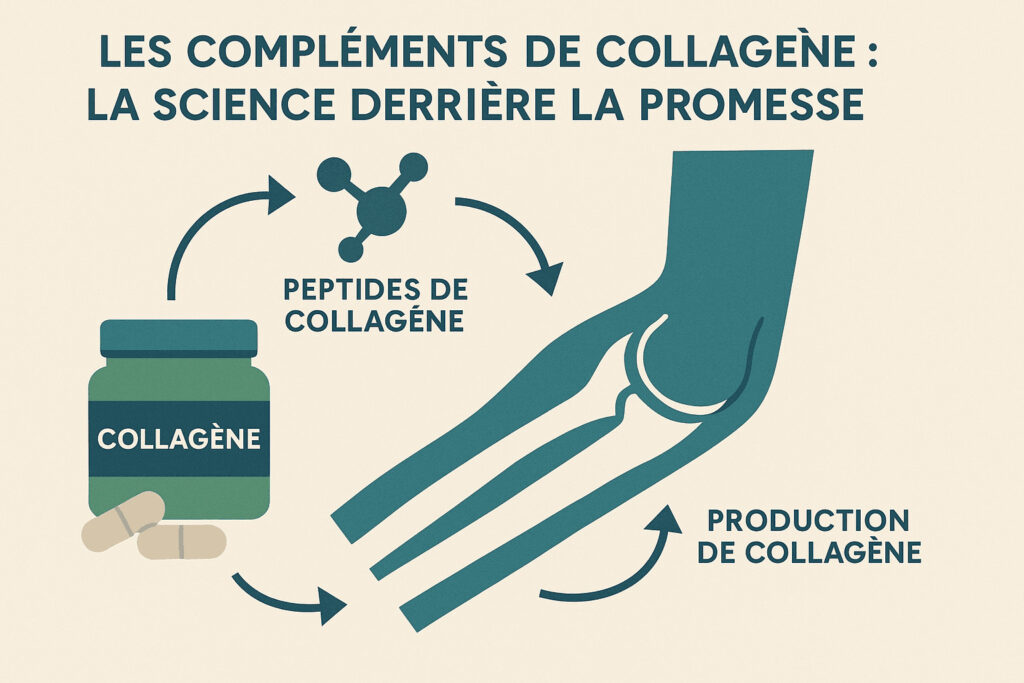 Schéma illustrant le mécanisme d'action exploré pour les peptides de collagène, de l'ingestion à leur rôle de signal pour l'organisme.