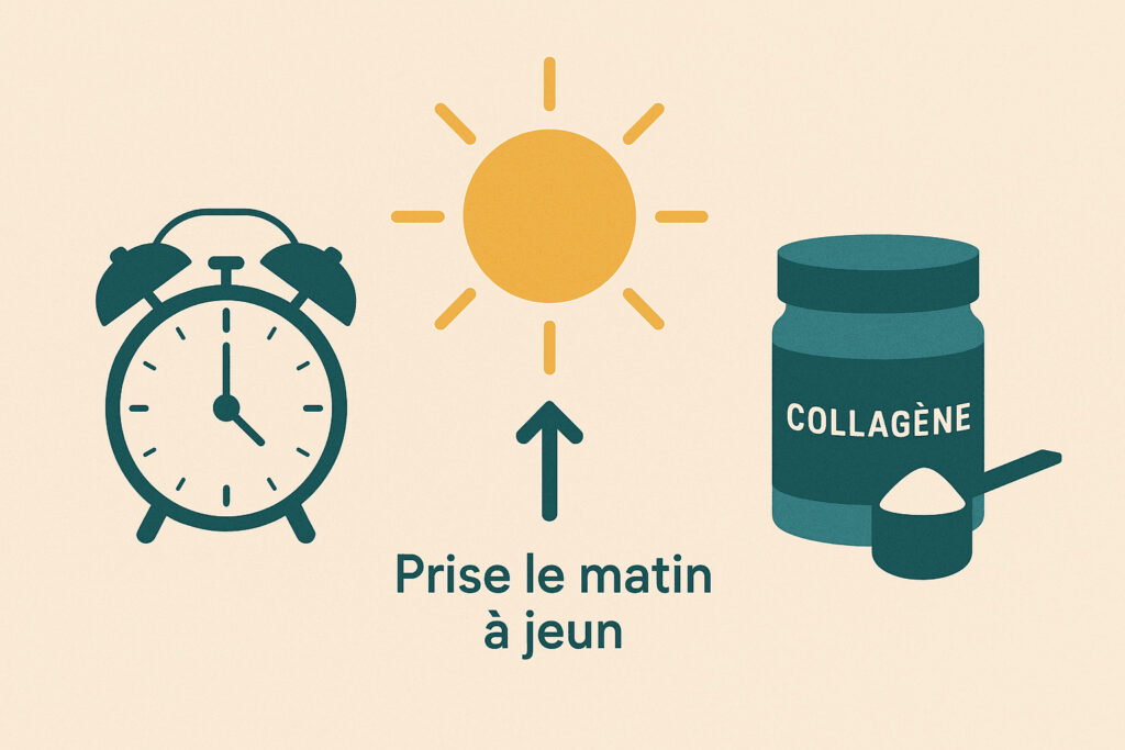 Illustration d'un pot de collagène avec un réveil et un soleil, symbolisant le conseil de prendre son complément le matin.