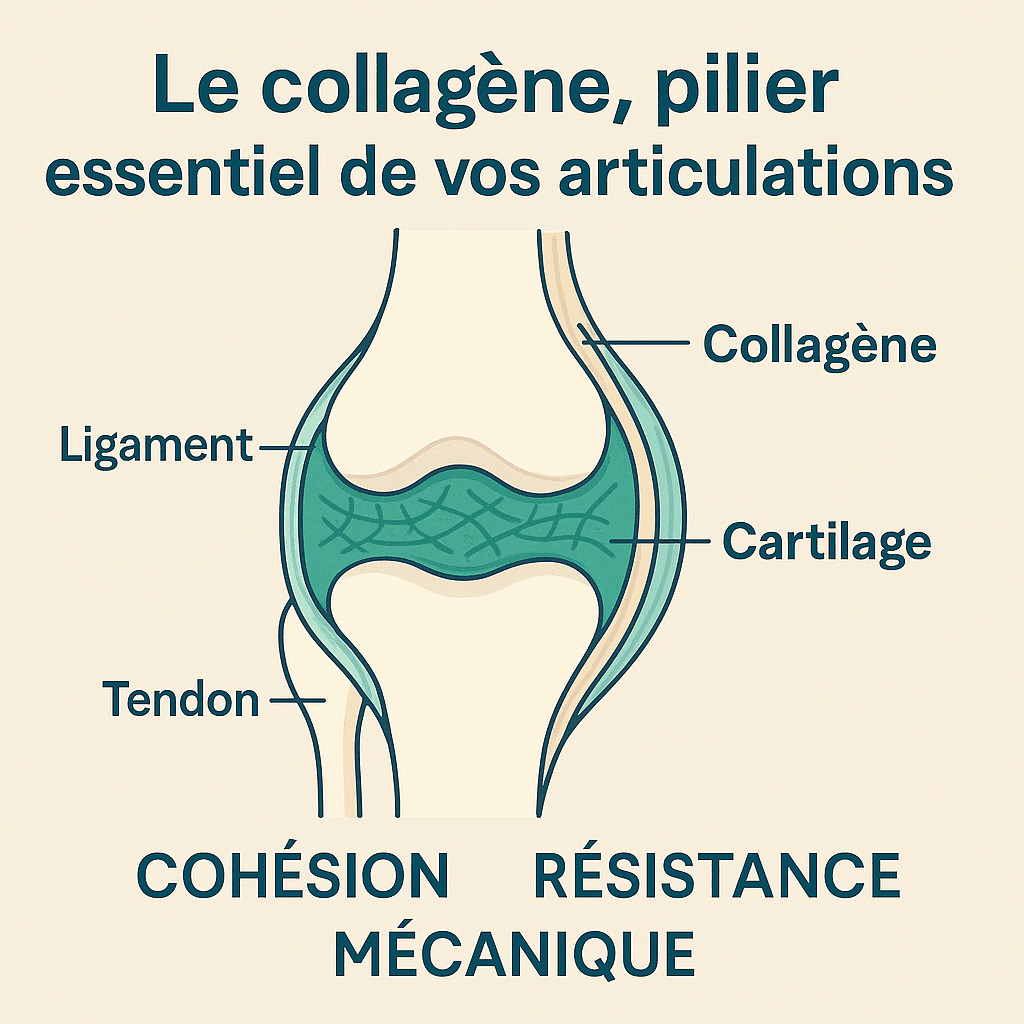 Infographie qui résume le rôle du collagène dans le cartilage, les tendons et les ligaments, et présente les types de collagène I et II.