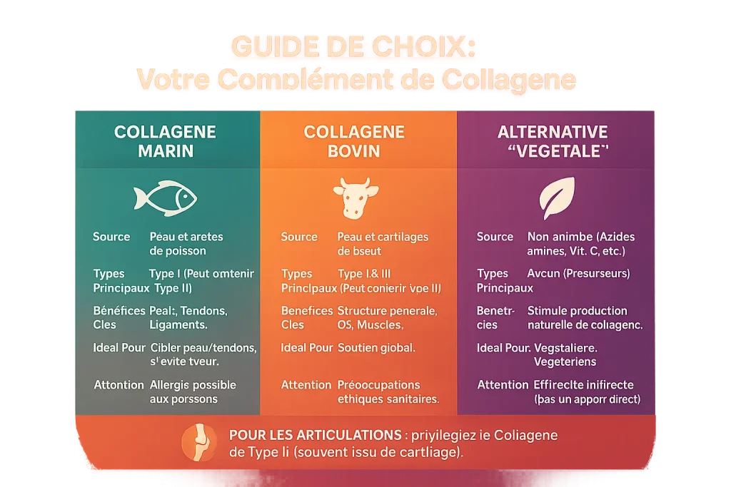 Tableau comparatif des différentes sources de collagène : marin, bovin, et les alternatives végétales à base de précurseurs.