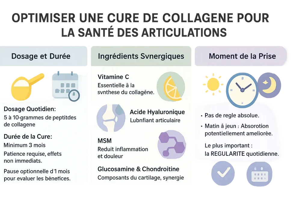 Infographie résumant les bonnes pratiques pour une cure de collagène : dosage et durée, ingrédients en synergie et moment de la prise.