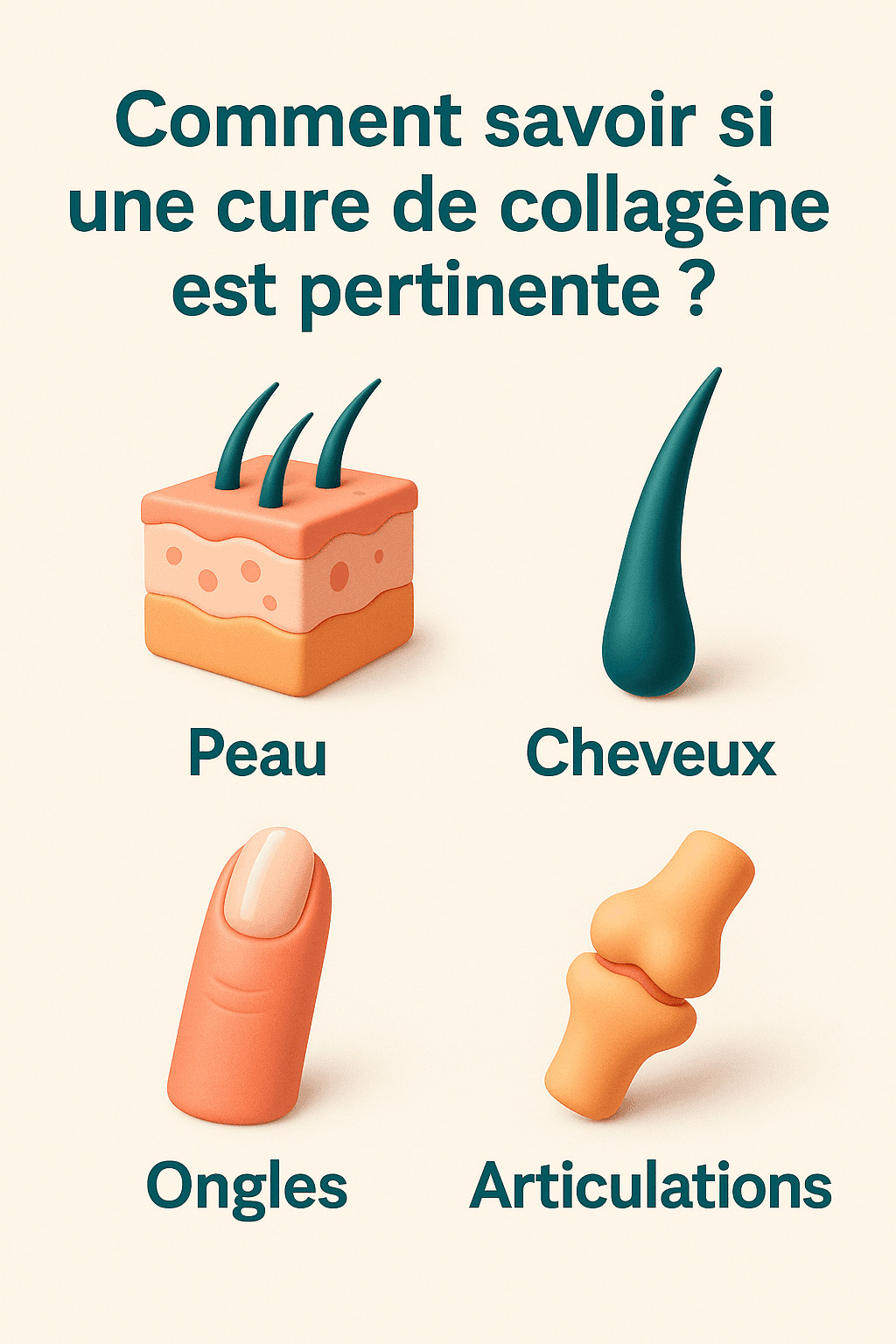Signes qui peuvent suggérer une cure de collagène : peau, cheveux, ongles, articulations