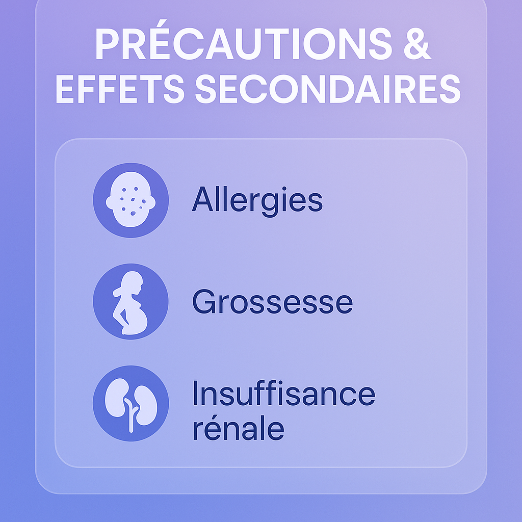 Infographie FR sur les peptides de collagène : allergies, grossesse/allaitement (avis médical), insuffisance rénale (prudence).