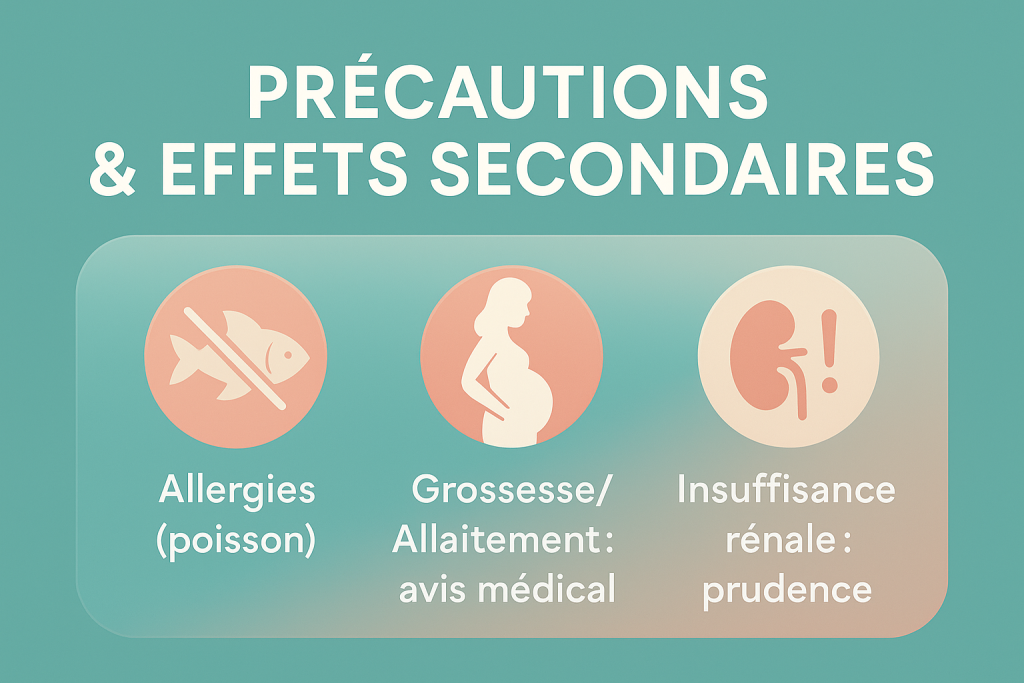 Bannière FR rappelant les précautions avec les peptides de collagène : allergies poisson, grossesse/allaitement, reins.