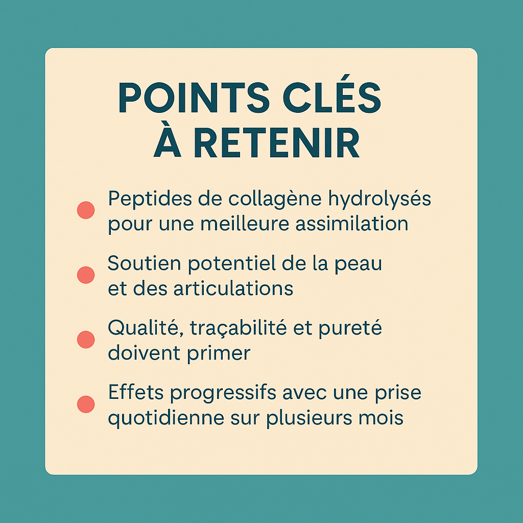 Carte FR récapitulative des points clés sur les peptides de collagène : hydrolyse, soutien potentiel, qualité, régularité.