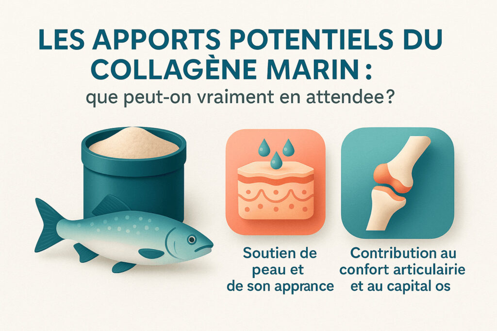 Infographie en français représentant les apports potentiels du collagène marin avec des icônes peau et articulations.
