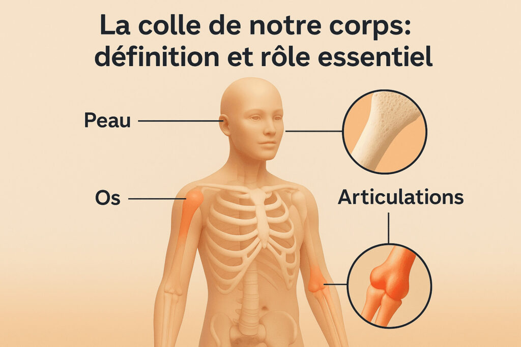 Illustration anatomique montrant les zones clés où le collagène agit : peau, os et articulations.