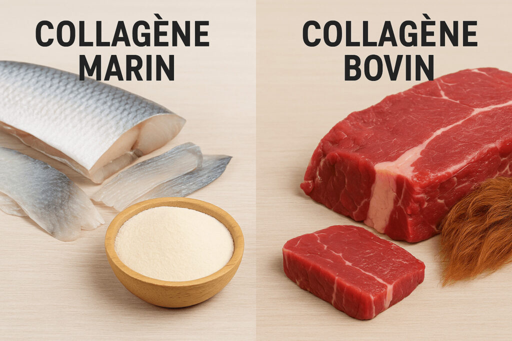 Photographie comparative montrant du poisson et de la poudre de collagène marin à gauche, et de la viande de bœuf à droite pour illustrer le collagène bovin.