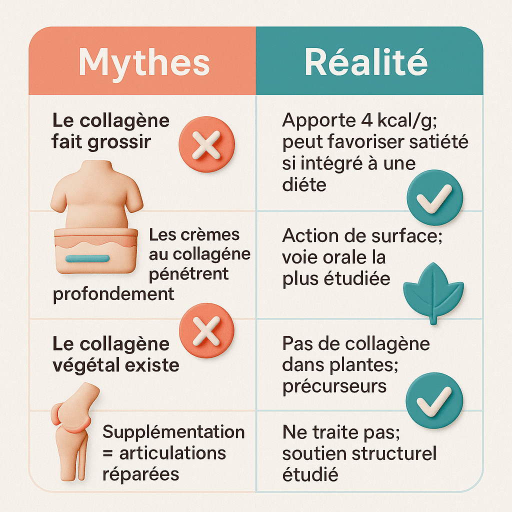 Infographie “mythes vs réalité” sur le collagène : poids, crèmes, « collagène végétal », articulations.