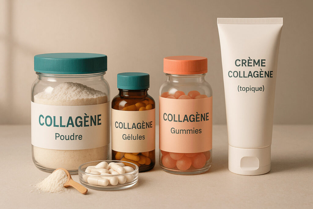 Photo réaliste présentant quatre formats de collagène : poudre, gélules, gummies et crème topique, sur fond beige avec lumière naturelle douce.