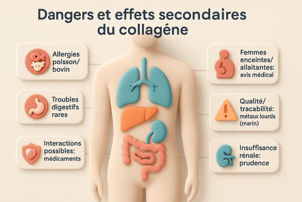 Infographie avec silhouette humaine indiquant foie, reins et système digestif, et encadrés “allergies poisson/bovin”, “troubles digestifs rares”, “interactions possibles”, “qualité/traçabilité”, “grossesse/allaitement : avis médical”, “insuffisance rénale : prudence”