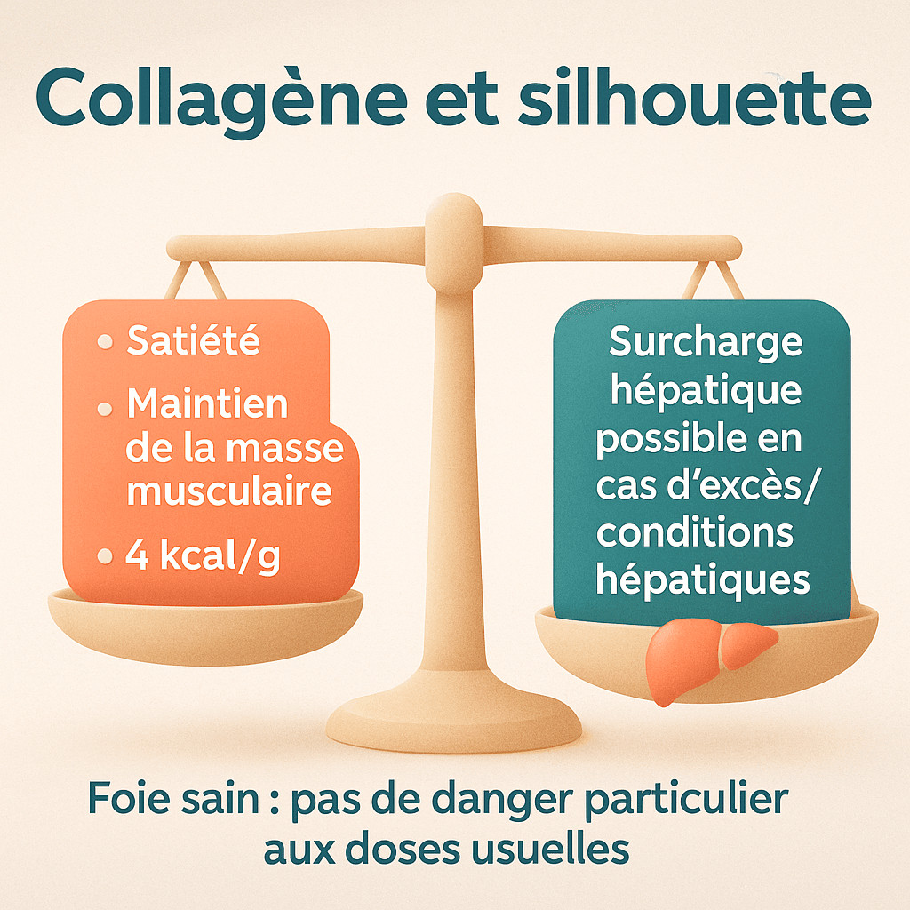Schéma en balance illustrant satiété/maintien musculaire et 4 kcal/g d’un côté, et risque de surcharge hépatique en cas d’excès ou pathologie de l’autre.