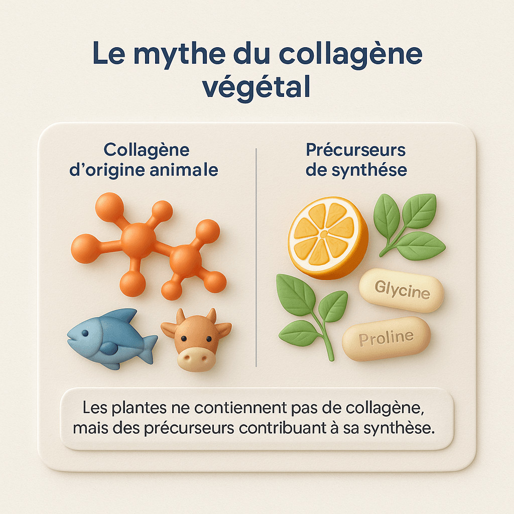 Infographie comparant collagène d’origine animale (poisson, bovin, molécule) et précurseurs végétaux (vitamine C, glycine, proline) en précisant que les plantes n’apportent pas de collagène.