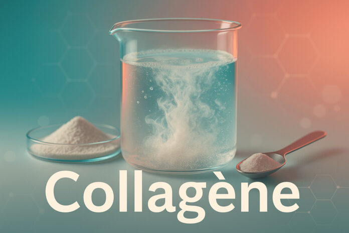 Image scientifique moderne montrant un bécher où de la poudre de collagène se dissout, sur fond dégradé sarcelle et corail avec motifs moléculaires.