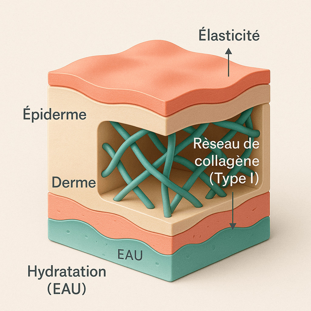 Coupe 3D du derme illustrant le réseau de collagène de type I et ses rôles