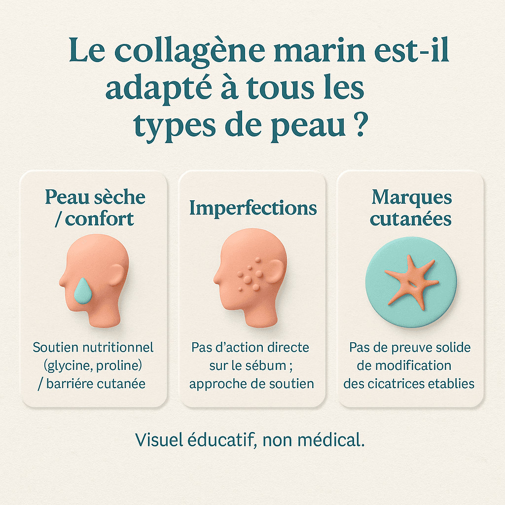 Infographie comparative neutre sur l’adaptation du collagène marin pour la peau selon les profils