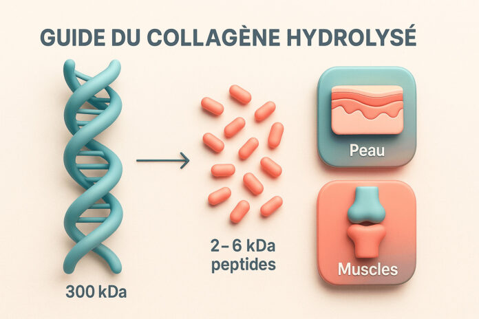Infographie 3D montrant l’hydrolyse du collagène (300 kDa → peptides 2–6 kDa) avec icônes Peau, Articulations, Muscles, palette sarcelle/corail sur fond crème