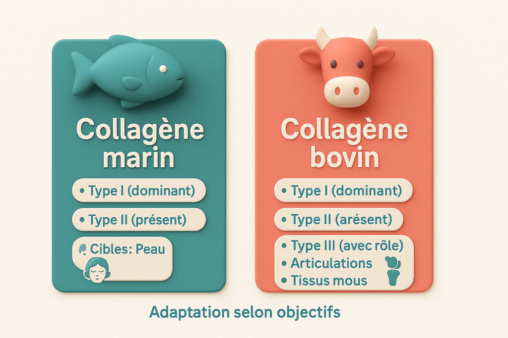 Infographie 3D comparant collagène marin et bovin, rappelant les types I/II/III et leurs cibles (peau, articulations, tissus mous), ton neutre « adaptation selon objectifs ».