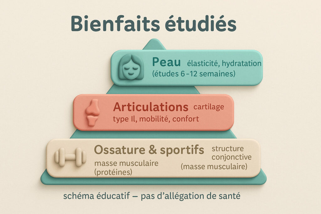 Infographie en pyramide listant des axes étudiés : peau (élasticité/hydratation, études 6–12 semaines), articulations (cartilage type II, mobilité, confort), ossature & sportifs (structure conjonctive, apport protéique).