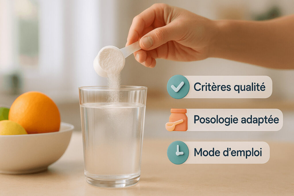 Photo d’une main versant une dose de collagène hydrolysé dans un verre d’eau, avec agrumes à proximité ; pictos rappelant critères qualité, posologie et mode d’emploi.