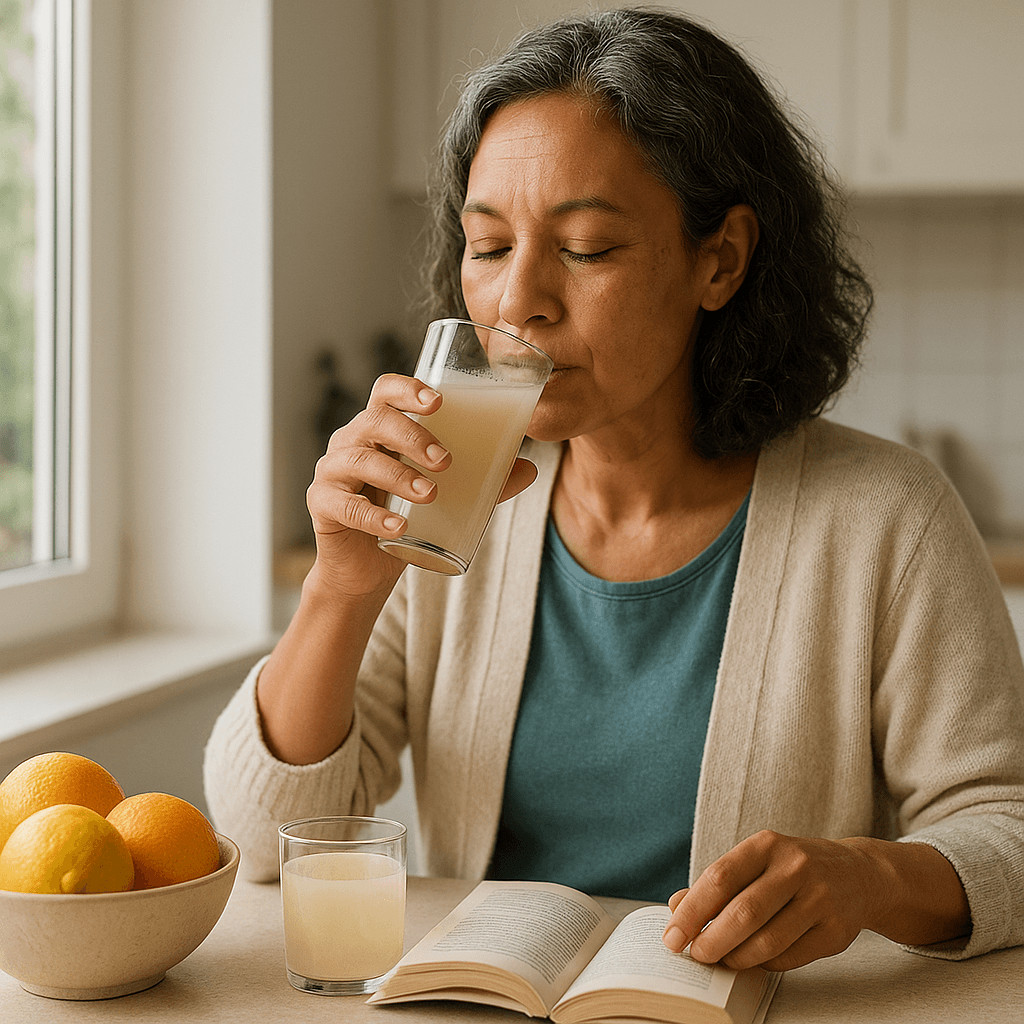 Femme d’une cinquantaine d’années buvant un verre de boisson au collagène près d’une fenêtre, agrumes et livre ouverts sur la table, lumière naturelle.