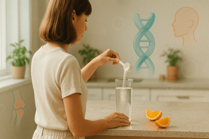 collagene-bovin-hero-mobilite-elasticite-16x9 Personne de profil versant une poudre de collagène bovin dans un verre d’eau, en cuisine lumineuse, avec micro-illustrations scientifiques discrètes ; ambiance bien-être, style premium.