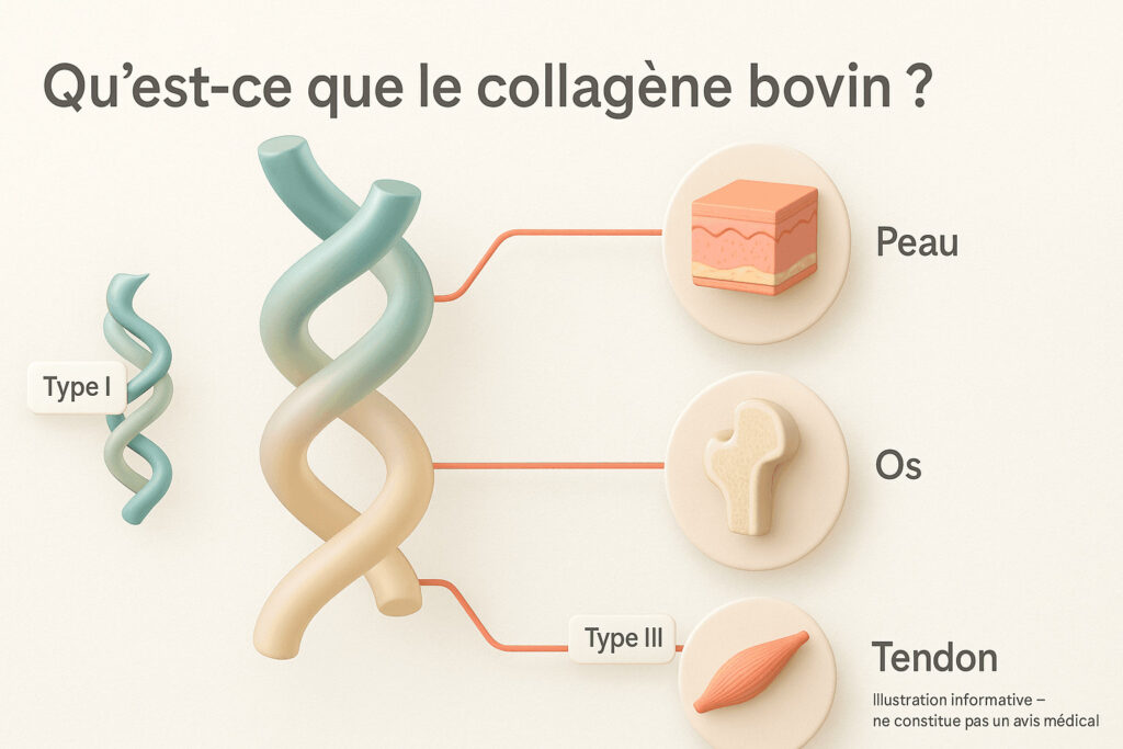 Collagène bovin : soutien pour la mobilité et l'élasticité 1 Infographie 3D : triple hélice de collagène en dégradé sarcelle→beige reliée à trois vignettes volumétriques (peau, os, tendon) avec étiquettes Type I et Type III, style scientifique moderne sur fond papier texturé.