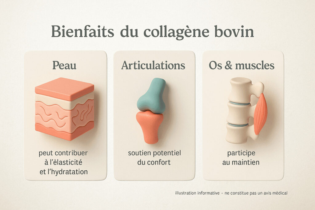 Collagène bovin : soutien pour la mobilité et l'élasticité 2 Triptyque 3D en style scientifique moderne montrant Peau, Articulations et Os & muscles avec pictogrammes volumétriques et mentions au conditionnel, fond papier texturé sarcelle/corail/beige.