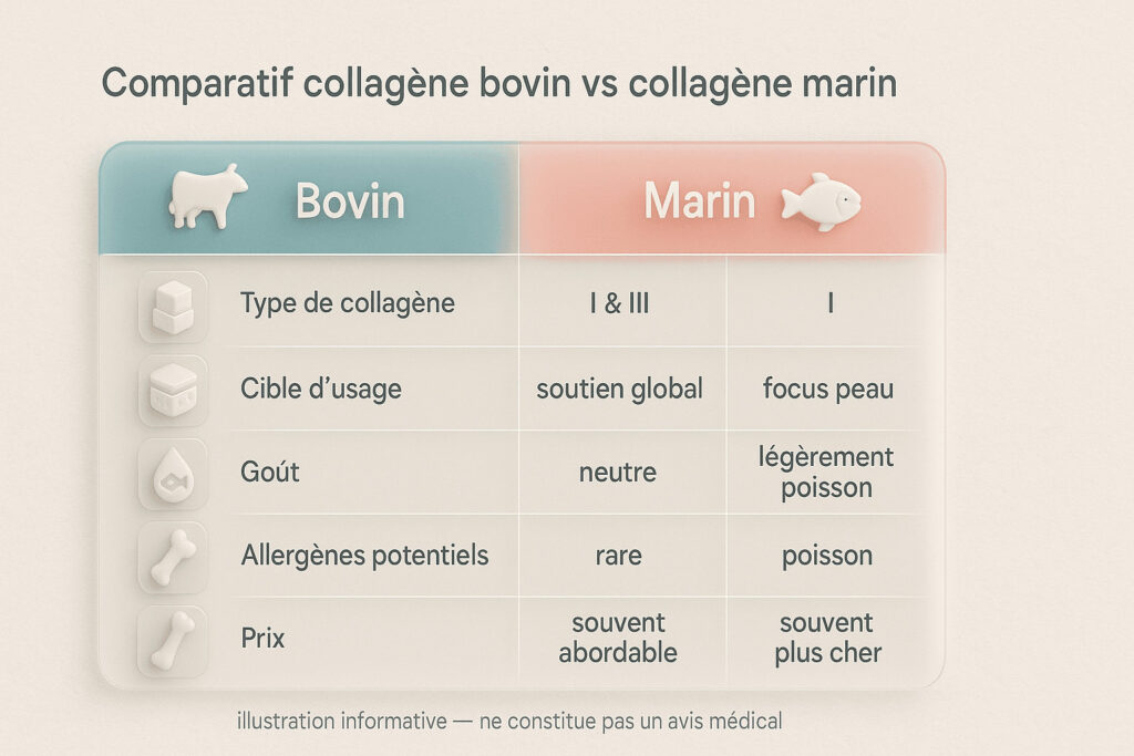 Collagène bovin : soutien pour la mobilité et l'élasticité 3 Tableau comparatif 3D style scientifique moderne, colonnes “Collagène bovin” et “collagène Marin”, indiquant types I&III vs I, cibles d’usage, goût, allergènes potentiels et ordre de prix, cartes glassmorphism sarcelle/corail sur fond papier texturé.