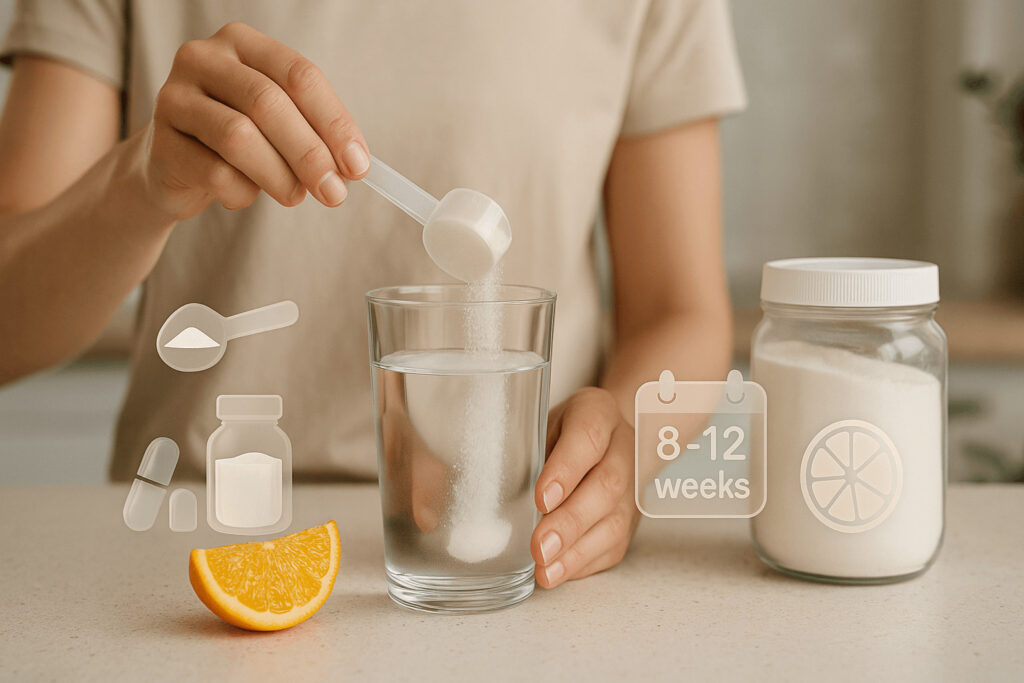 Collagène bovin : soutien pour la mobilité et l'élasticité 4 Gros plan de mains versant une poudre de collagène dans un verre d’eau, quartier d’orange sur le plan de travail, avec icônes discrètes (cuillère, gélules/poudre, calendrier) en surimpression ; ambiance lumineuse, style scientifique moderne.