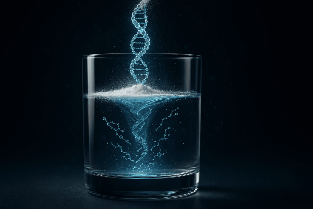 Collagène en poudre se dissolvant dans l’eau : vortex visible et triple hélice se fragmentant en peptides (visuel high-tech).