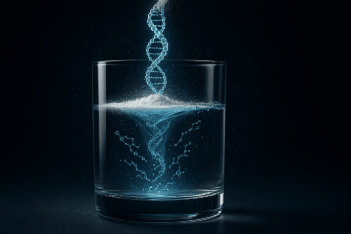 Collagène en poudre se dissolvant dans l’eau : vortex visible et triple hélice se fragmentant en peptides (visuel high-tech).