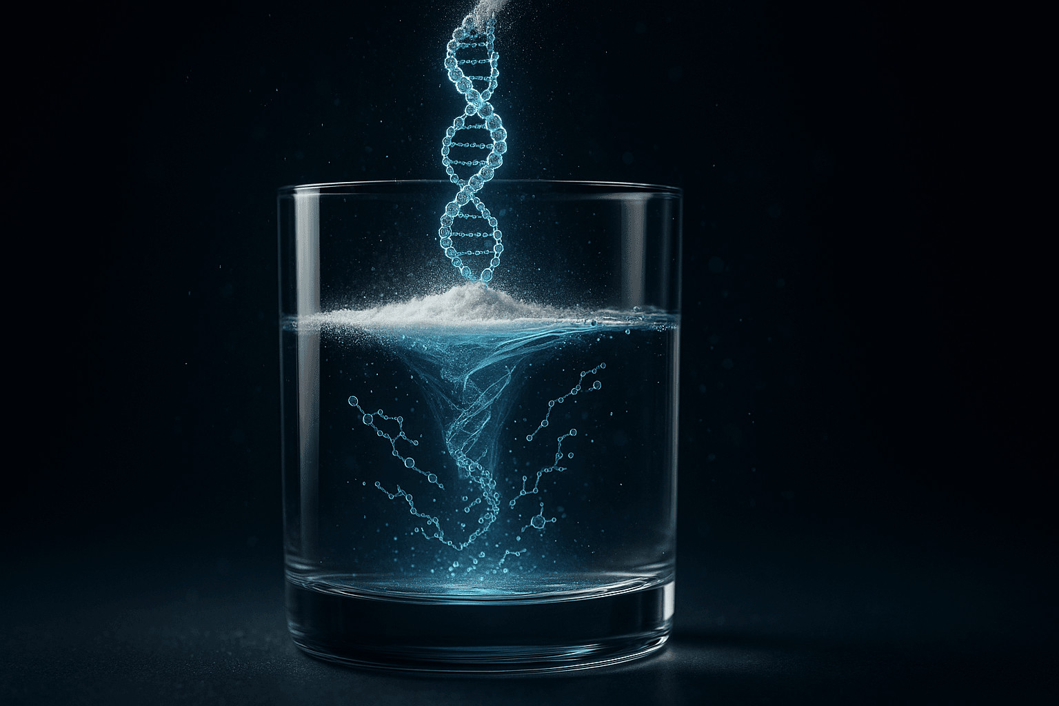 Collagène en poudre se dissolvant dans l’eau : vortex visible et triple hélice se fragmentant en peptides (visuel high-tech).
