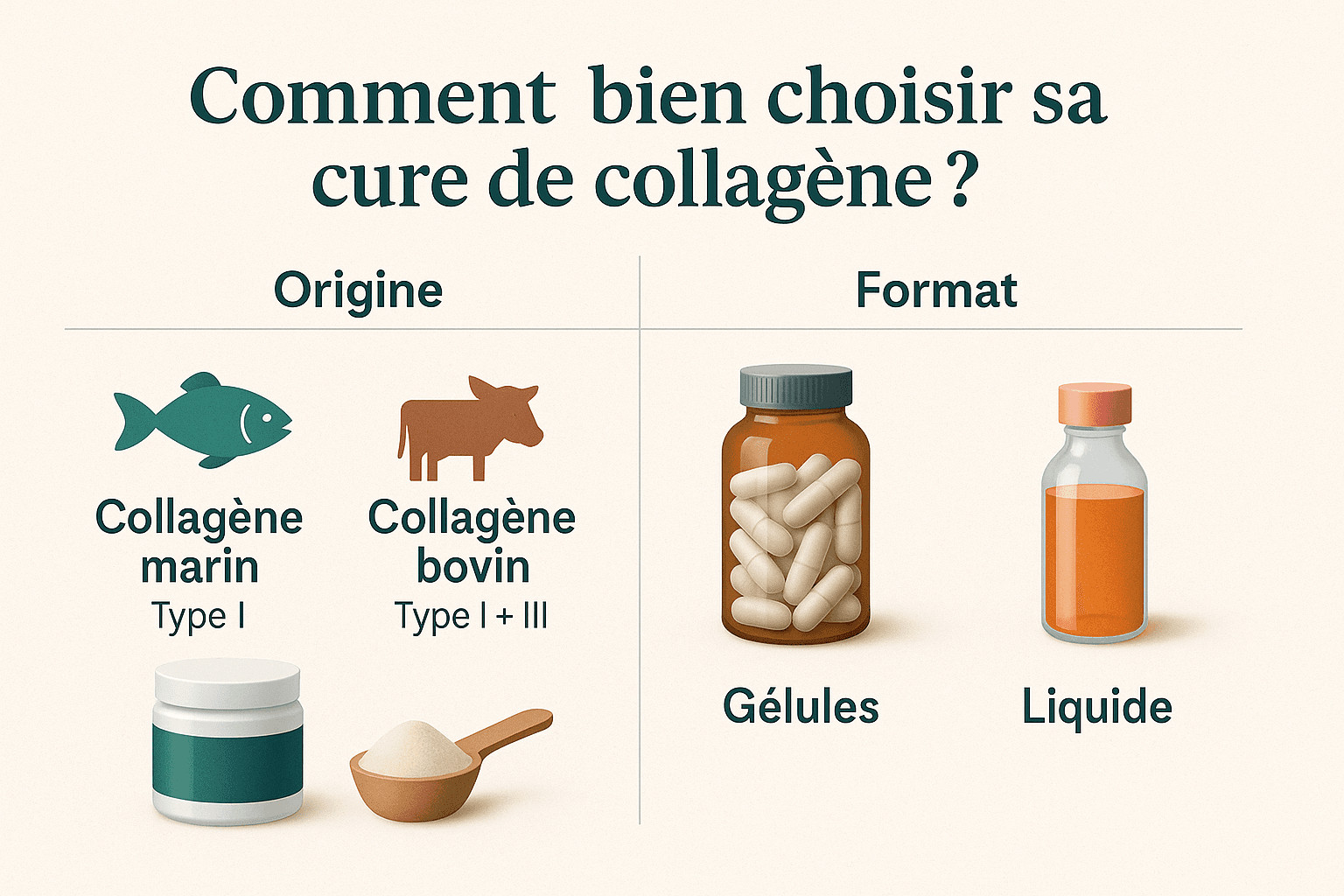 Comparatif des sources et formats de cure de collagène (marin, bovin, poudre, gélules, liquide)