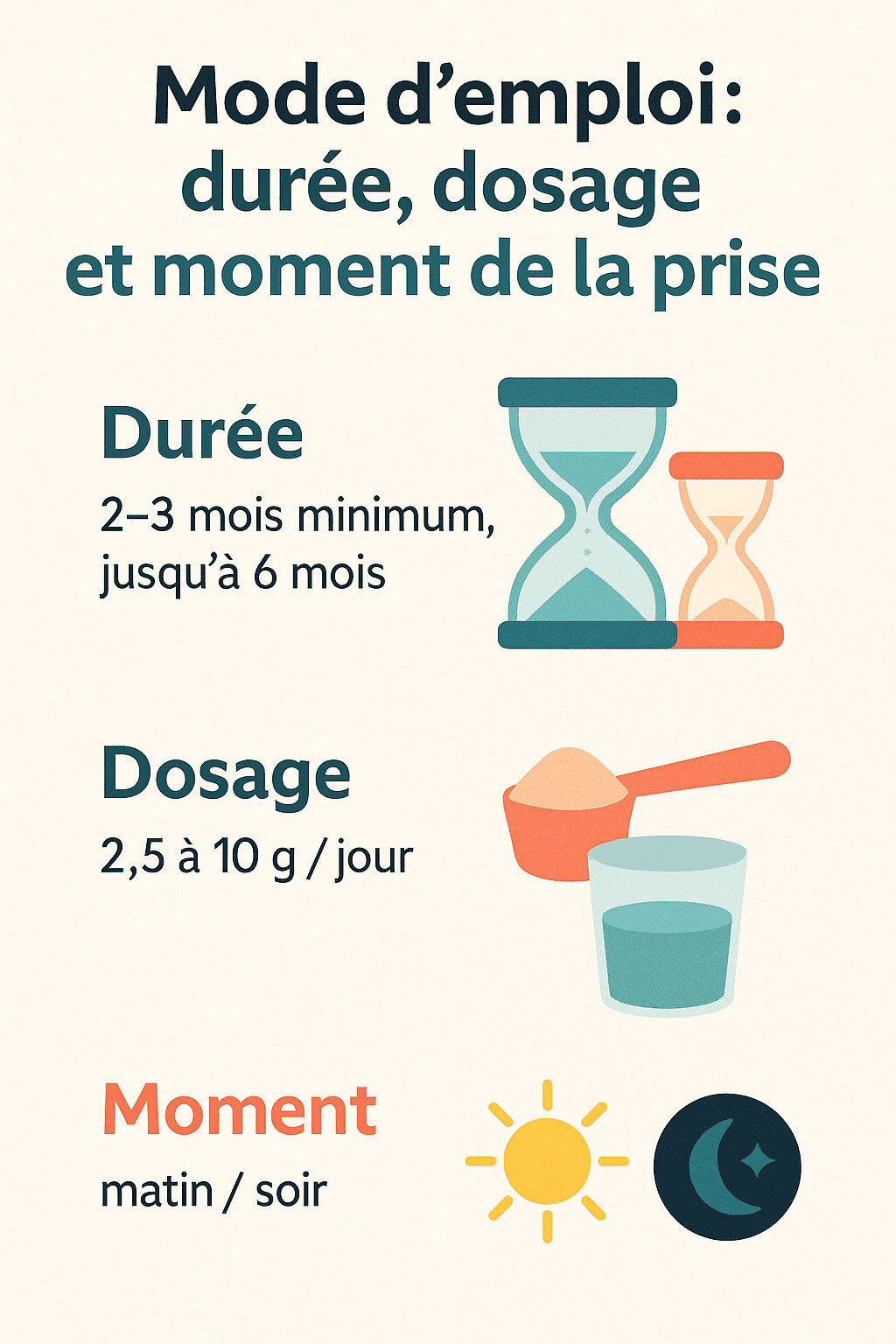 Infographie sur la durée, le dosage et le moment de la prise d’une cure de collagène