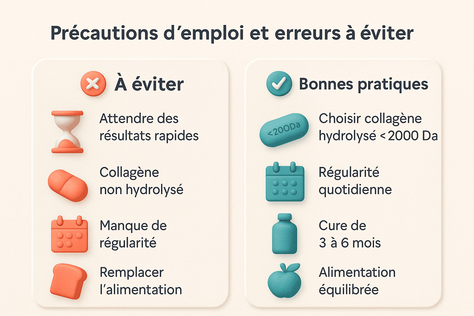 Infographie listant les précautions et erreurs fréquentes d’une cure de collagène