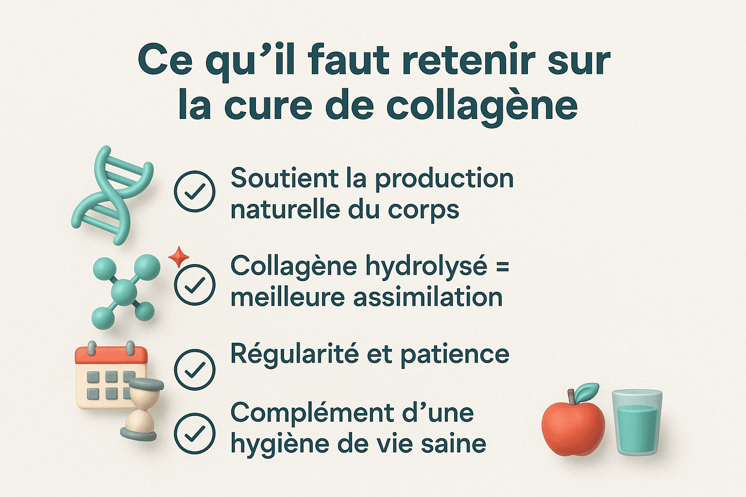 Points clés à retenir d’une cure de collagène : production naturelle, hydrolysé, régularité, hygiène de vie