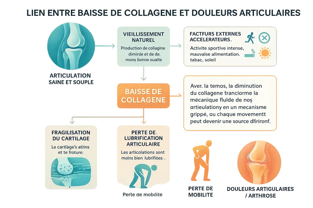 Infographie expliquant comment la baisse de collagène peut mener à une fragilisation du cartilage et une perte de mobilité et de confort articulaire.