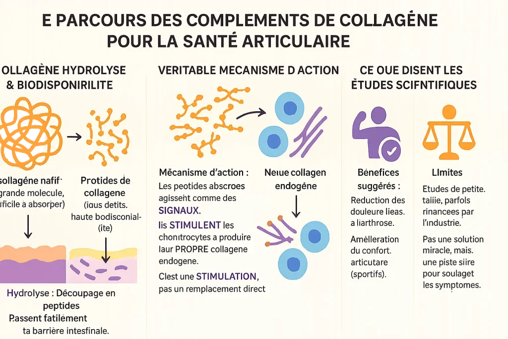 Infographie détaillant les étapes des compléments de collagène : l'hydrolyse pour une meilleure assimilation, le mécanisme d'action par signal, et l'état de la recherche scientifique.