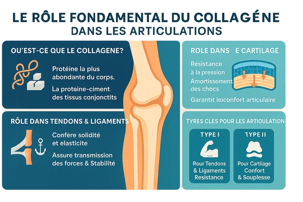 Schéma montrant comment le collagène forme une armature pour le cartilage, les ligaments et les tendons d'une articulation.