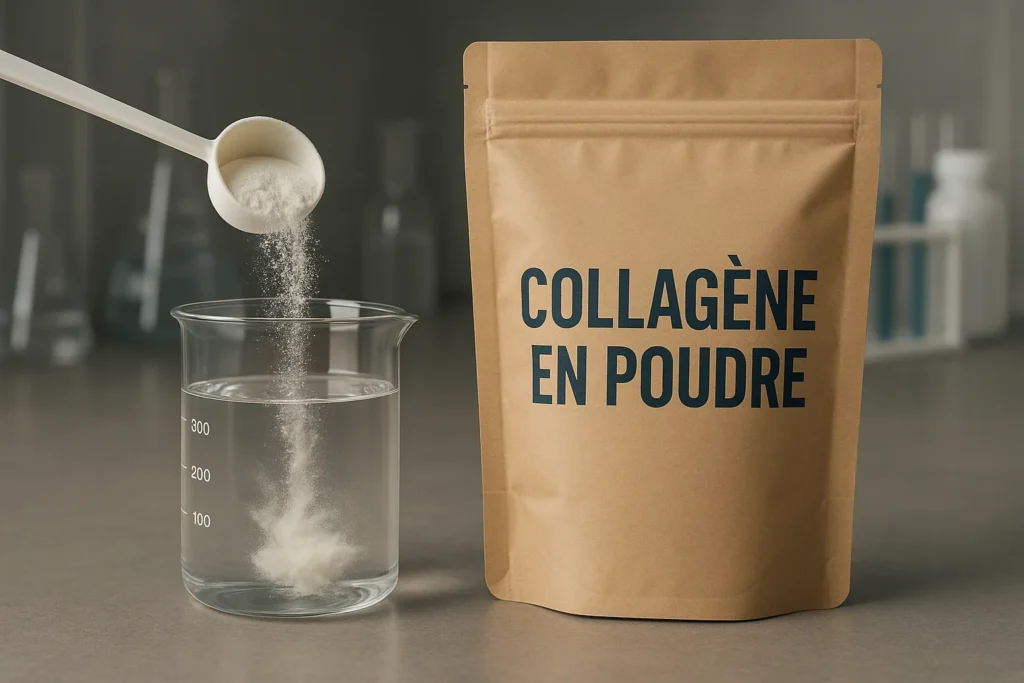 Photo réaliste d’un sachet « COLLAGÈNE EN POUDRE » posé sur un plan de travail, avec un bécher d’eau et une cuillère versant la poudre.