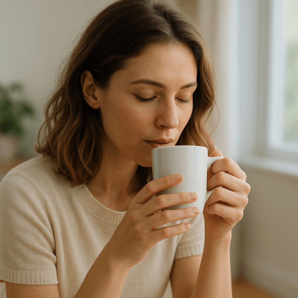 Photo réaliste d’une femme savourant une boisson chaude, lumière naturelle, atmosphère calme.