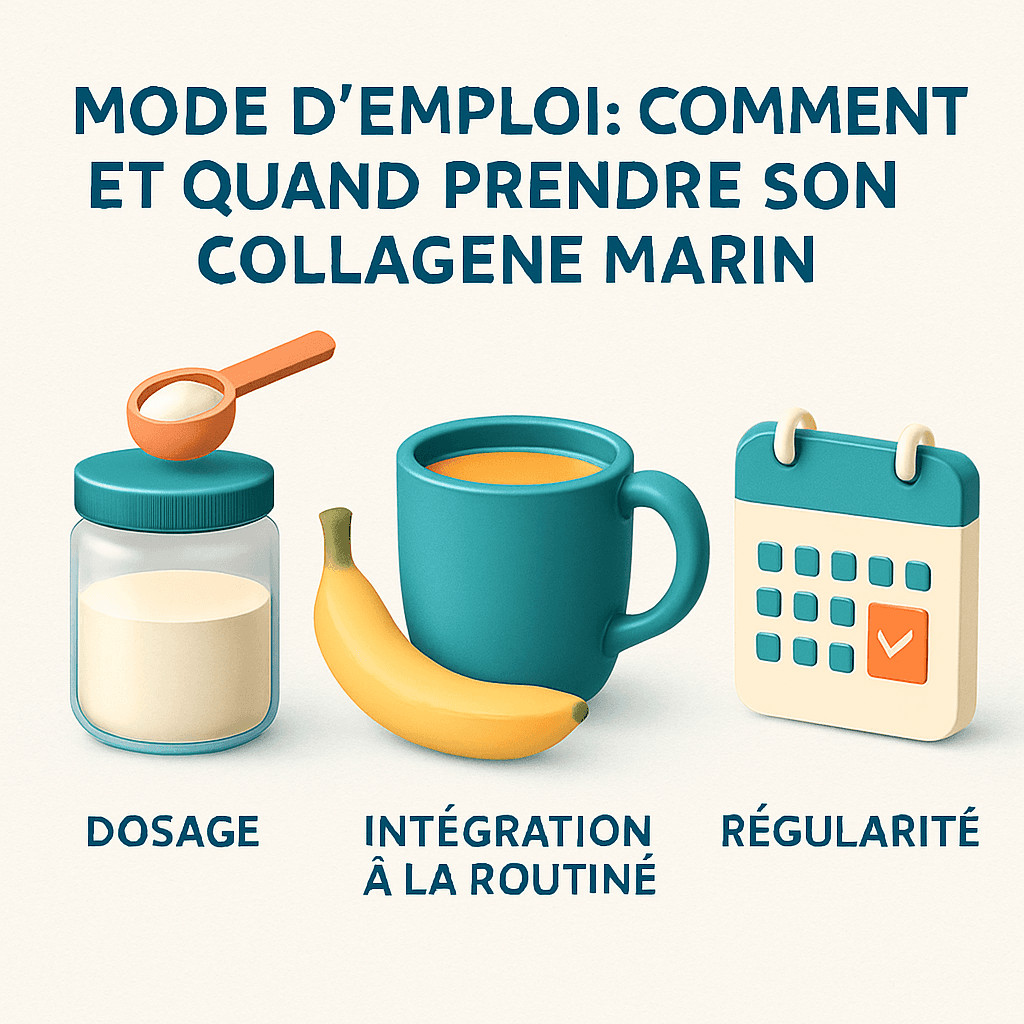 Infographie en français illustrant le mode d’emploi du collagène marin avec trois icônes : dosage, intégration à la routine, régularité.