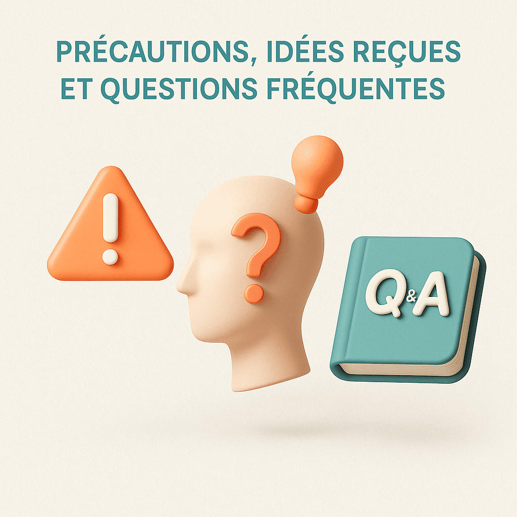 Infographie en 3D représentant des icônes de précautions, d’interrogation et de FAQ, sur fond clair.