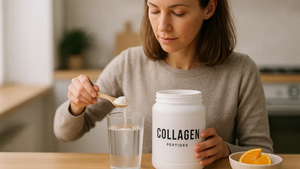 Préparation d’une boisson avec poudre de collagène hydrolysé, scène réaliste en cuisine