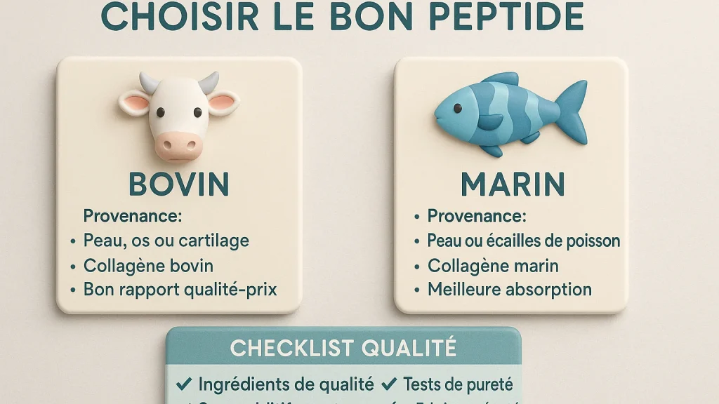 Comparatif FR entre peptides de collagène bovin et marin avec checklist de qualité (origine, traçabilité, pureté)