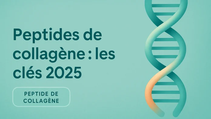 Bannière 16:9 sur les peptides de collagène en 2025, texte à gauche et hélice stylisée à droite