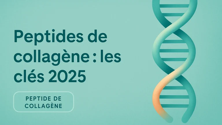 Bannière 16:9 sur les peptides de collagène en 2025, texte à gauche et hélice stylisée à droite