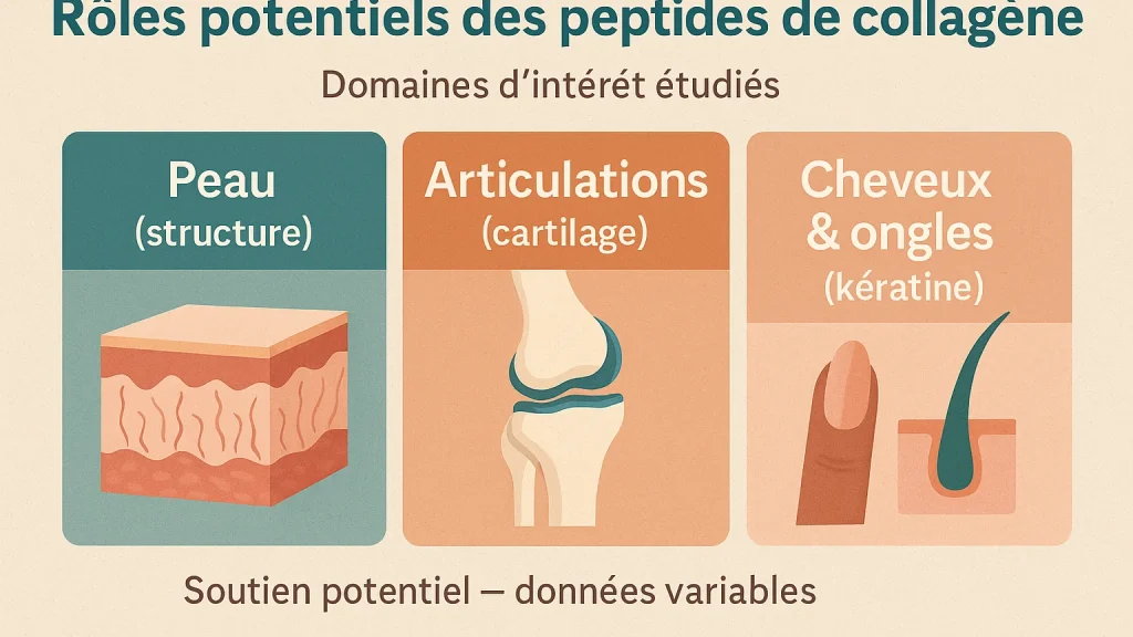 Infographie FR des peptides de collagène : peau, articulations, cheveux et ongles (schéma pédagogique).